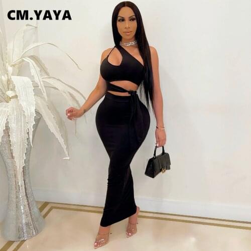 CM.YAYA Solid Sexy Club Night Party Maxi Women Dress One Shoulder Cut Out Tie Up High Waist Skew Neck One Shoulder Long Dresses