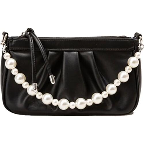 PU Leather Tote Bag Summer Pleated Messenger Shoulder Bags Luxury Designer Handbag Casual Simple Female Pearl Baguette Bag 2021