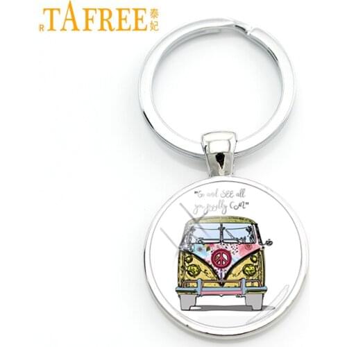 TAFREE exquisite handmade glass gem Hippie Peace Sign Van Bus men keychain high quality pendant car key chain ring jewelry CT106