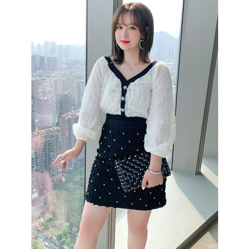 High quality Lace mesh stitching Knitted Top+Three dimensional nail bead A-Line Half skirt suit 2021 summer