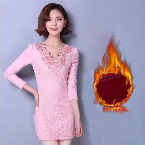 Women Antumn Winter Dress Warm Thick Velet Lace Dresses Ladies Sheath Bottoming Dress Sexy V-Neck Pack Hip Mini Vestidos AB710