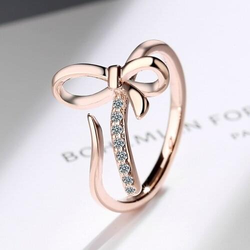 Fanqieliu Rose Gold Crystal 925 Sterling Silver Bow Ring Women Open Wedding Bands Cute Valentines Day Gift For Girl FQL21332