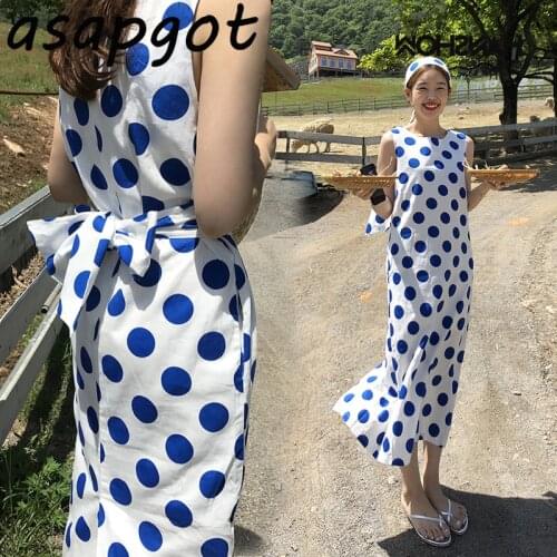 Summer New O Neck Cotton and Linen Bow Sleeveless Tank Polka Dot Dress Women Slim Chic Korean Temperament Retro Vestidos Mujer