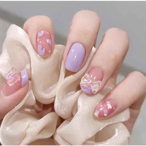 24pcs Purple Clouds Printed Nail Patch Glue Type Removable Short Paragraph Fashion Manicure Save Time False Nail Nail Art