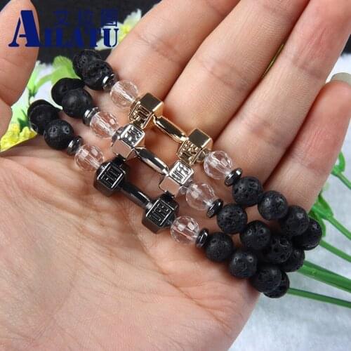 Ailatu 8mm Lava stone Barbell Jewelry Gun Black Fitness Fashion GYM Dumbbell Bracelet, Mens Party Gift