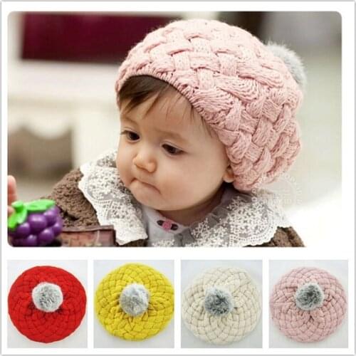 Kids Baby Girls Beret Winter Warm Wool Winter Beanie Hat Fur Ball Pom Poms Vintage Toddler Solid Beret Hats