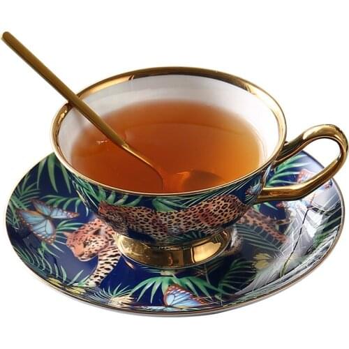 Jungle Cheetah Animal Pattern Bone China Coffee Cup Set Porcelain Tea Cups 200Ml Espresso Cup Home Office Party Drink Ware