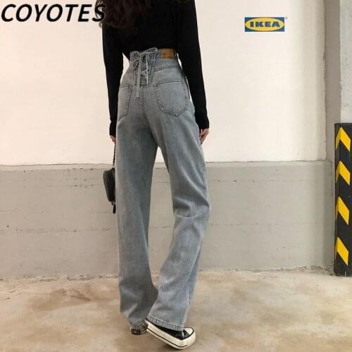 COYOTES Women Jeans Straight Pants Womens Bandage Washed High Waist Pant Casual Loose Streetwear Fashion Trousers Vantage