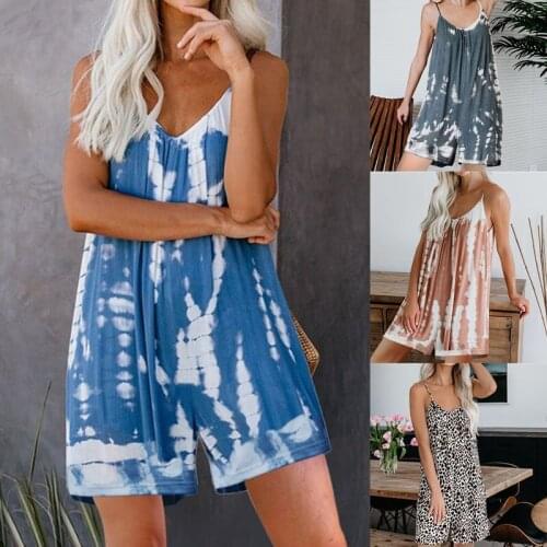 Summer Women Tie Dye Print Sleeveless Spaghetti Strap Party Short Romper Jumpsuit Short Pants Wide Leg Playsuits Overalls
