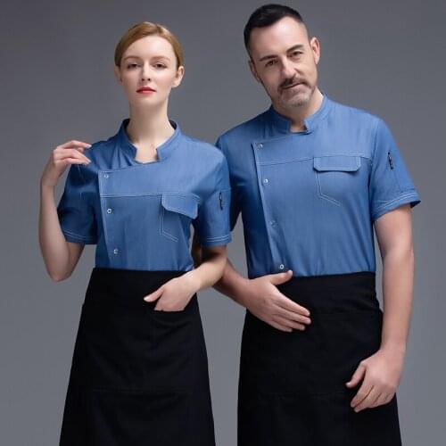 Men and Women Kitchen Pastry Cooking Cook Jacket Denim Fabric Short Sleeve Chef Uniform Restaurant Catering Hotel Workwear Shirt
