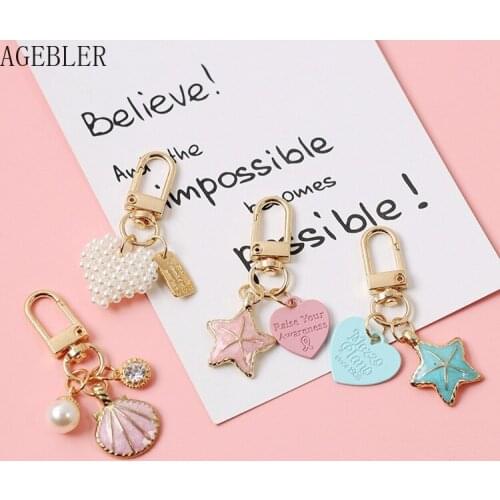 Original Cute Sweet Love Star Imitate Pearl Sea Shell Pendant Car Key Holder Gift Keychains Couple Gift Airpods Accessories