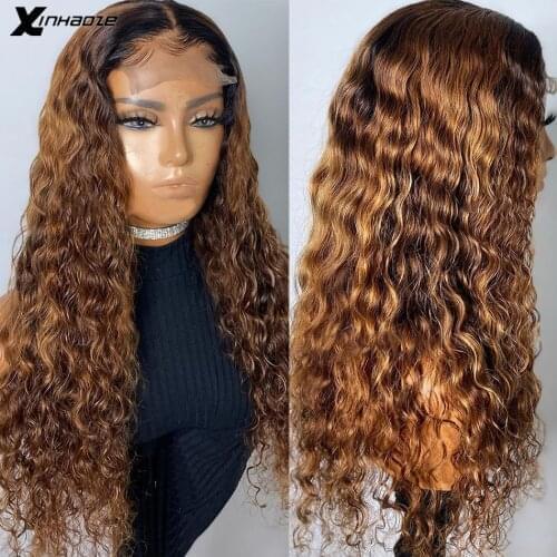 4x4 Lace Closure Human Hair Wig Highlight Ombre Blonde Pre Plucked Water Wave Brazilian Remy Hair Brazilian Lace Wig For Women