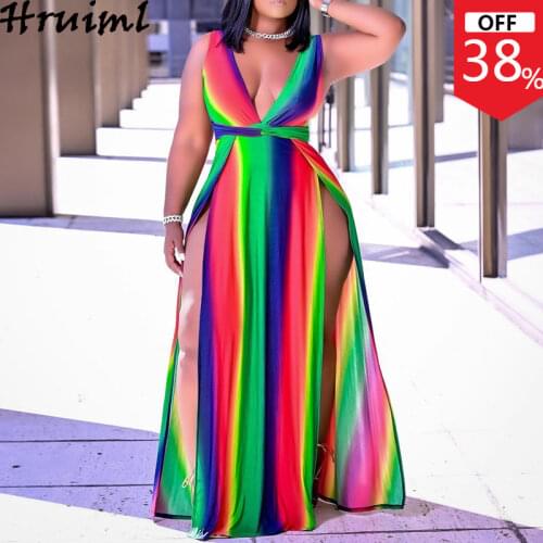 Plus Size Dresses Loose Multicolor Big Swing Sleeveless Dress Thigh Slit Floor-Length Deep V-Neck Sexy Clubwear Kleider Damen