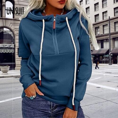 Autumn Winter Women Tops Fashion Soild Zipper Design Pullover Top Casual Long Sleeve Drawstring Loose Hoodies Streetwear Blusas