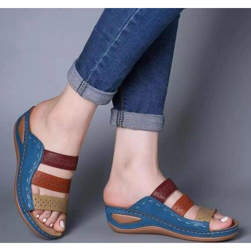 Summer Beach Wear Rome Sandals Patchwork Hollow Out Midi Heel Slippers Artificial PU Womens Outdoor Non-slip Thick Sole Footwear