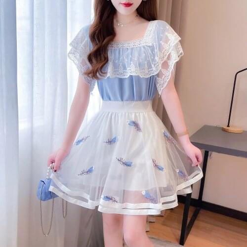 2021 summer new super fairy temperament, sweet lace stitching chiffon shirt, fluffy embroidered mesh suit