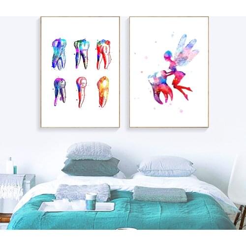 Dental Art Tooth Fairy Canvas Painting Watercolor Wall Art Poster Dental Hygienist Canvas Print Teeth Wall Pictures Clinic Decor