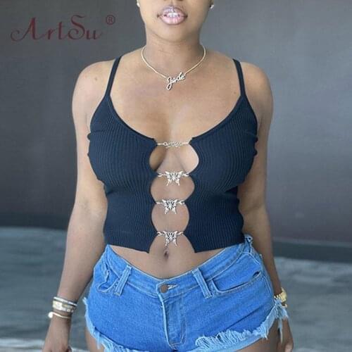 ArtSu Halter Hollow Out Ribbed Tank Top Streetwear Fashion Knitting Camisole Summer Women Sexy Black Club Top Crop Top 2020