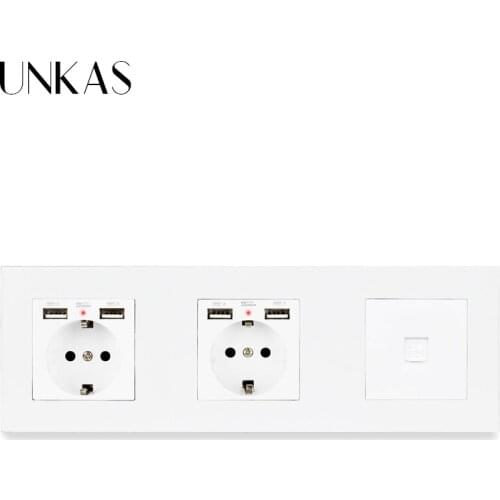 UNKAS PC Plastic Panel Double EU Standard Wall Socket with 4 USB Charging Port + + RJ45 Internet Computer Connector