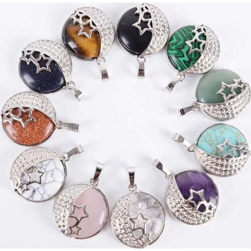 Reiki Chakra Yoga Semi Precious Natural Stone Pendant Rose Crystal Necklace Female Jewelry Love Moon Stars Back Hollow D054