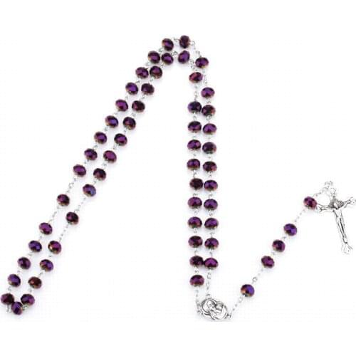 Vintage Virgin Mary Cross Pendant Rosary Necklace Purple Glass Crystal Beads Catholic Prayer Religion Jewelry