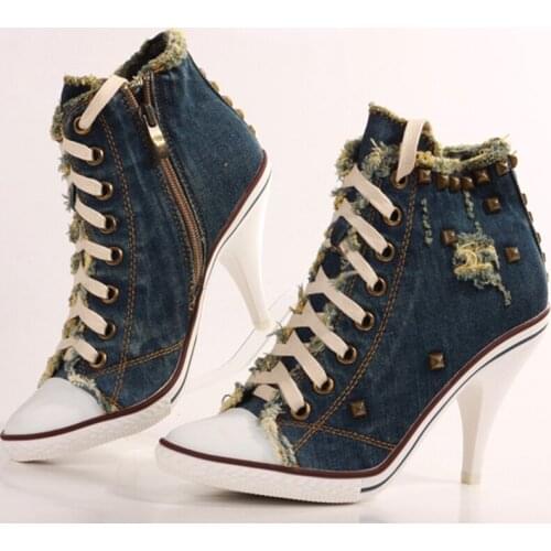 Ladies Retro Rivets Studs Abraded Denim Cloth Ankle Booties Women Spike Heels Lace Up Zipper Short Boots Jeans Bottines Shoes