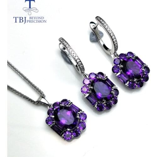 TBJ,natural african amethyst gemstone jewelry set in 925 sterling silver elegant shiny pendant earring for women lady as gift