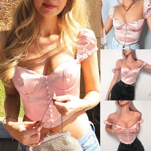 Womens Fashion Square Collar Puff Sleeve Cloth Buckle Wrap Chest Top Pink