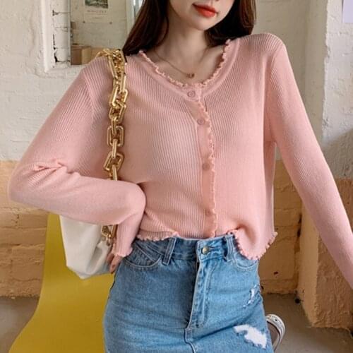 Knitted Cardigan Gentle Wind Outside Loose Thin Sweet Girl Long Sleeve Sweaters Prevented Bask Wavy Edge Brief Women Clothing