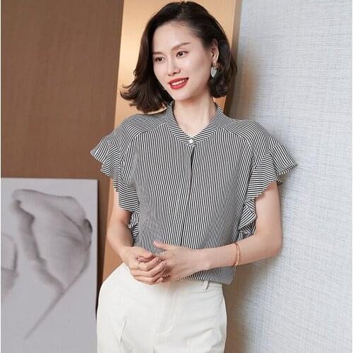 100% Silk Woman Tshirt Casual Style Stripe Printed High Quality Bow Neck Short Sleeves Basic Elegant Clothing New Fashion