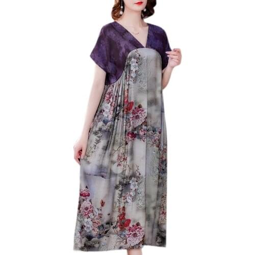 2021 Summer Womens Silk Print High Quality Midi Dresses Fashion Vintage Plus Size Short sleeve Thin Dress Elegant Female Dress