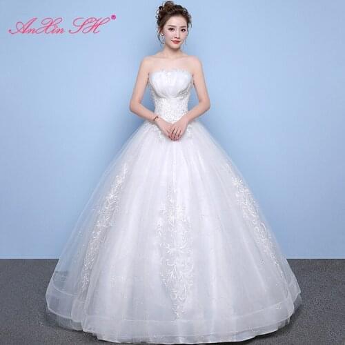 AXJFU princess flower lace bride wedding dress party vintage strapless sleeveless beading pearls ball gown white wedding dress