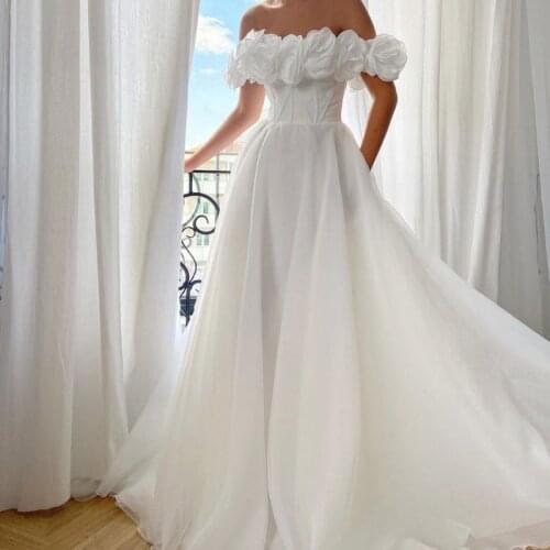 White Elegant Long Prom Dresses Off Shoulder 3D Flowers Tulle A-Line Women Formal Occasion Wedding Party Gowns Custom Made