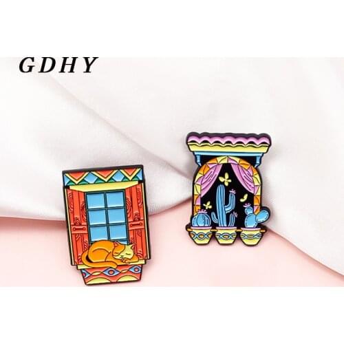 GDHY Colour Window Enamel Pin Blue Cactus Potted Plants Yellow Cat Brooch Backpack Clothes Badge Jewelry For Kids Friends Spille