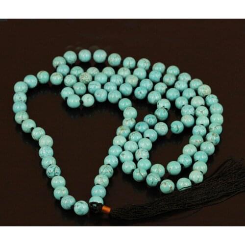 3pcs Exclusive 108 Blue Turquose Stone Beads with Tassel Necklace Luxury Handmade Long Tassel Beads Necklace Mala Necklace