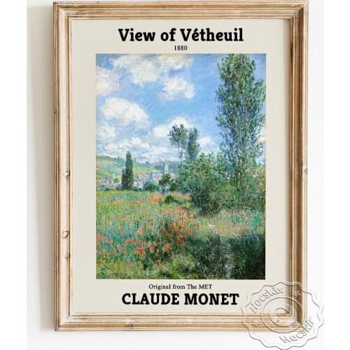 Claude Monet Exhibition Museum Poster, View of Vetheuil Scenery Canvas Painting Wall Stickers, Impressionism Wall Picture Decor