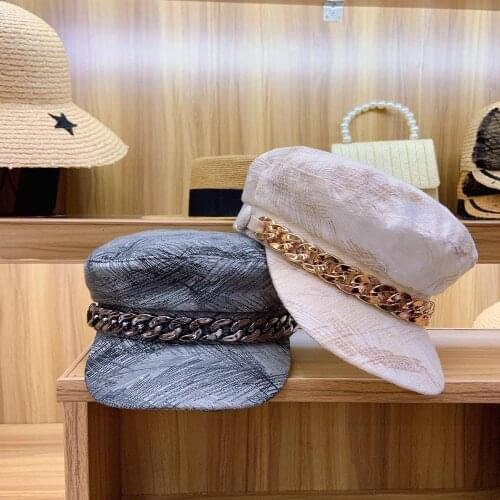 Summer Women Cap Beige Gray 100% Cotton elegant Chain Pattern Newsboy Gatsby Fiddler Cap Cabbie Cap Visor Beach Hat military cap