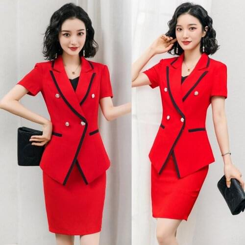 Summer Ladies Red Blazer Women Business Suits with Skirt and Jacket Sets Work Wear Clothes Short Sleeve