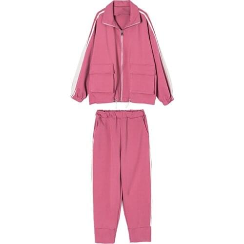 PERHAPS U Pink Balck Jacket Turn-down Collar Zipper Pocket Long Sleeve Ankle-length Pants Two-piece Set Women Sportswear T0309