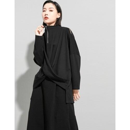 Fashion irregular Spring summer new loose-knotted bat long tees tops pleated hollow out long-sleeved T-shirt black womens top