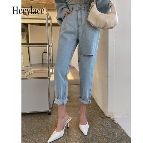 Summer 2021 New Classic Hole Womens Jeans Mid Waist Denim Harem Pants Retro Washed Streetwear Slim Trousers Female