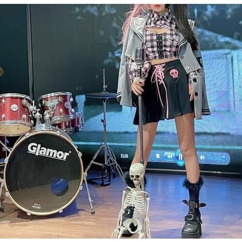 Original New Underground Live Singer Pink Plaid Long Sleeve Shirt Smock Suit Spaghetti Mini A Line Skirt Hot Sweet 2pcs Set