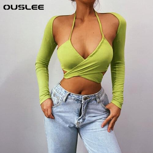 OUSLEE Cotton Hollow Out Backless Lace Up Tops Women Halter Solid Ruched Bow Summer Sexy Cropped Top Women Clubwear Y2K