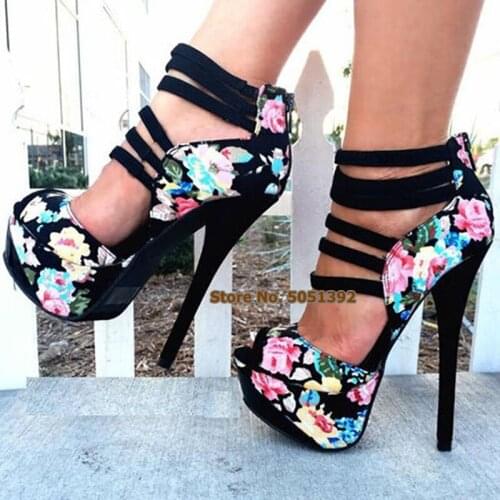 Women High Platform High Heel Stiletto Heel Sandals Peep Toe Flower Pattern Ankle Wrap Fashion Floral Plus Size Shoes