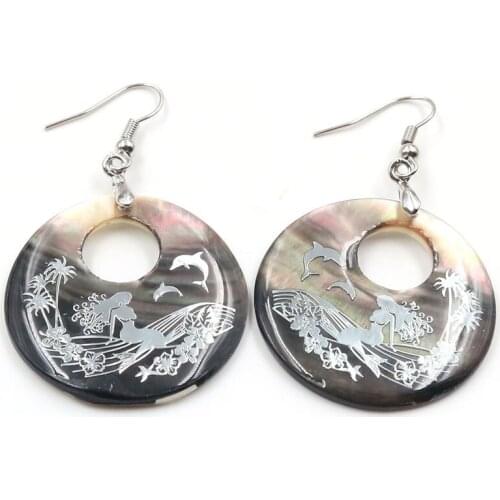 FYSL Silver Plated Round Hollow Abalone Shell Dangle Earrings for Women Ethnic Style Jewelry