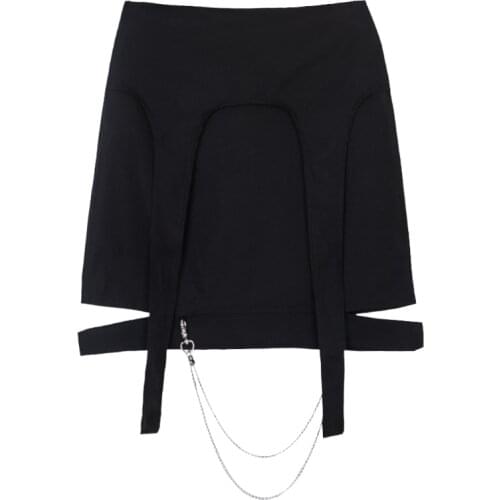 PERHAPS U Black Punk Mini Short Empire Pencil Skirt Rock And Roll Solid Fashion Chain S0244