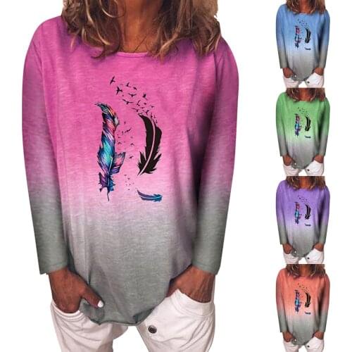 Women Fashion Casual Round Neck Long Sleeve T-Shirt Blouse Color-gradient Feather Combination Birds Lovely Girls Daily Shirt