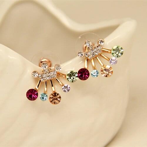 E0108 Fashion Jewelry Shining Red Green Crystal Rhinestone Stud Earrings Gold Color Crown Stud Earrings For Women Exquisite Gift