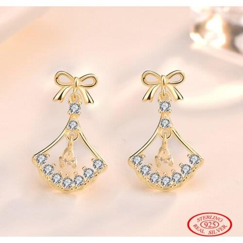 S925 Sterling Silver Anti Allergy Fine Jewelry Woman Earrings Pendant Bowknot Eardrop Retro Wind Fan-Shaped Female Accessories