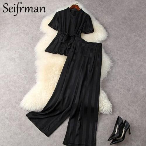 Seifrmann New 2021 Summer Women Fashion Runway Pants Set Short Sleeve Black Top+High Waist Wide Leg Long Pants 2 Two Pieces Suit